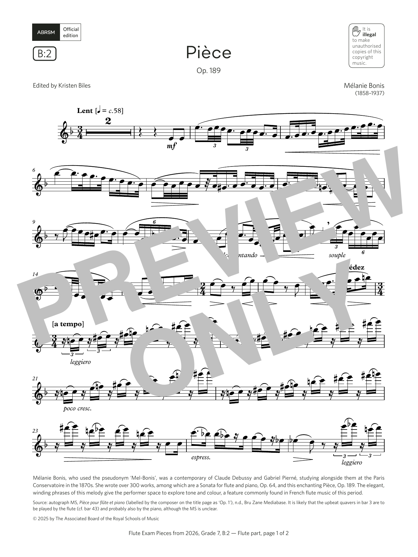 Product gallery: Page 1 of 1 Pièce (Grade 7, list B2, from the ABRSM Flute Syllabus from 2026), Mélanie Helene Bonis