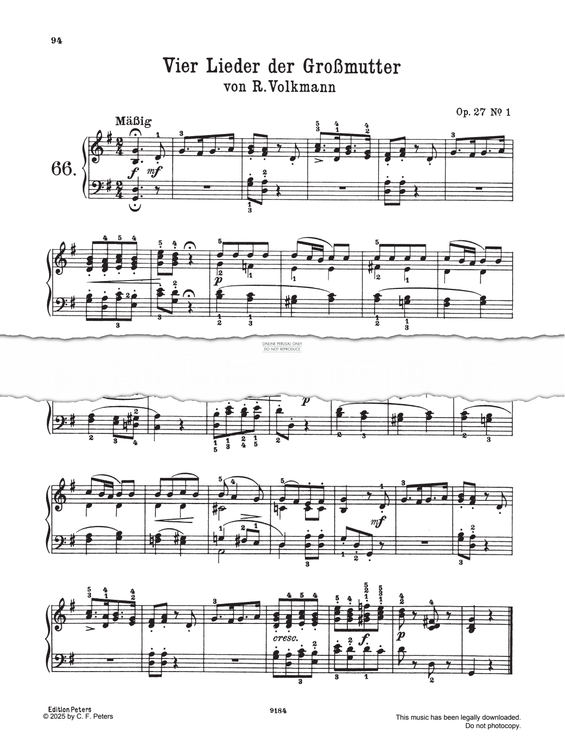 Produktgalerie: Seite 1 von 1 Four Lieder der Großmutter, Op. 27 Nr. 1, 2, 9, 8, Robert Volkmann, Klavier