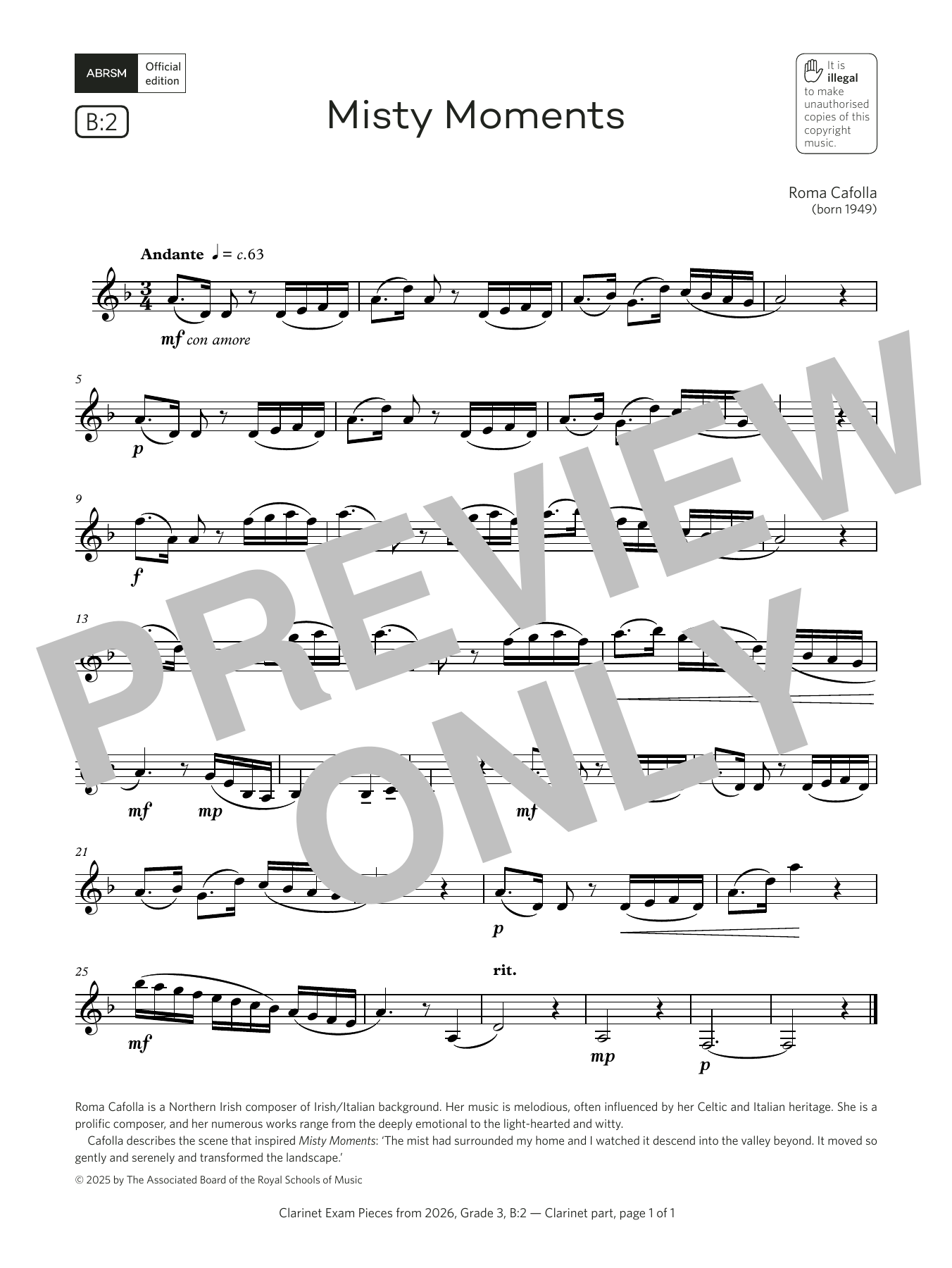 Product gallery: Page 1 of 1 Misty Moments (Grade 3, list B2, from the ABRSM Clarinet Syllabus from 2026), Roma Cafolla