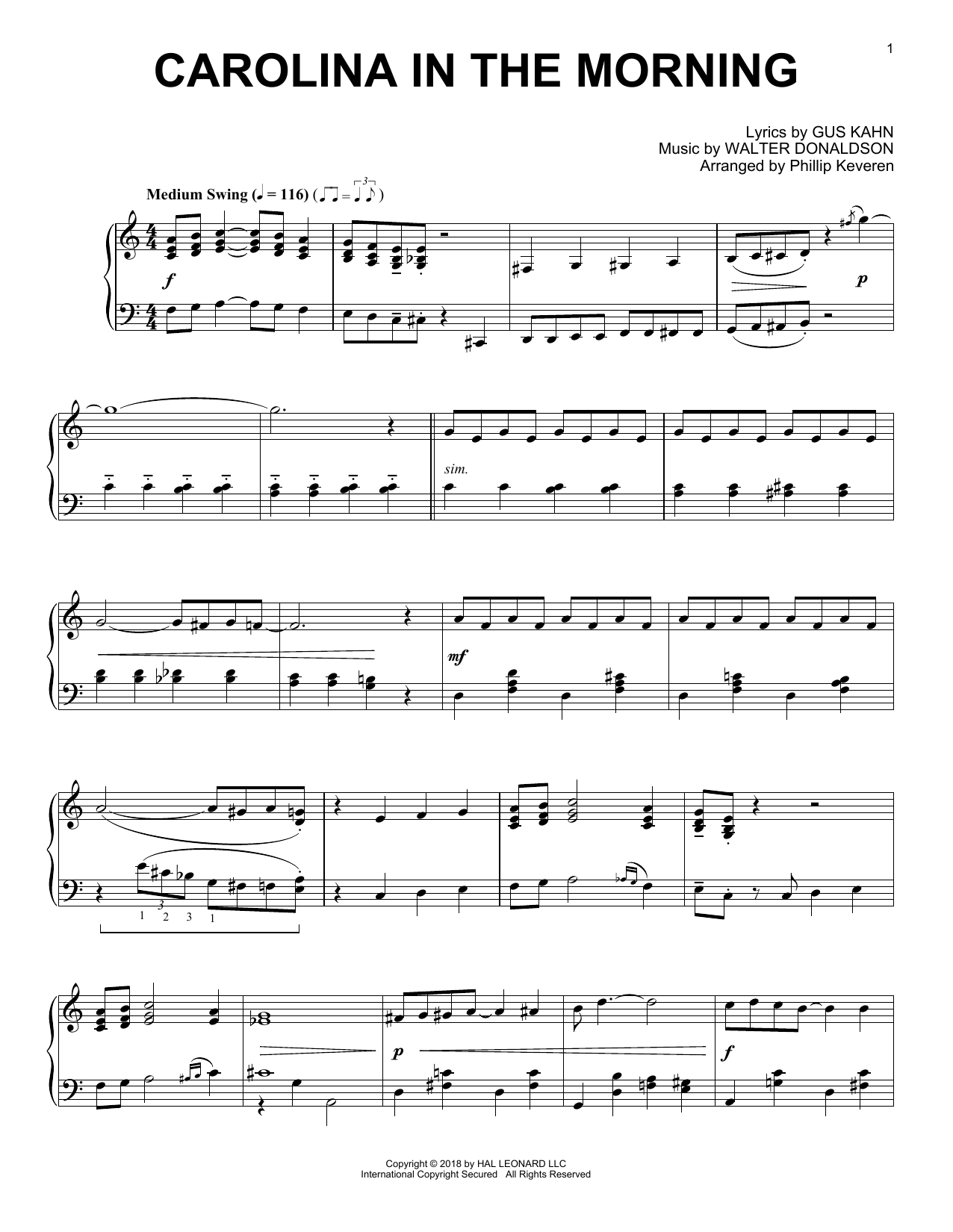 Product gallery: Page 1 of 1 Carolina In The Morning [Jazz version] (arr. Phillip Keveren), Gus Kahn