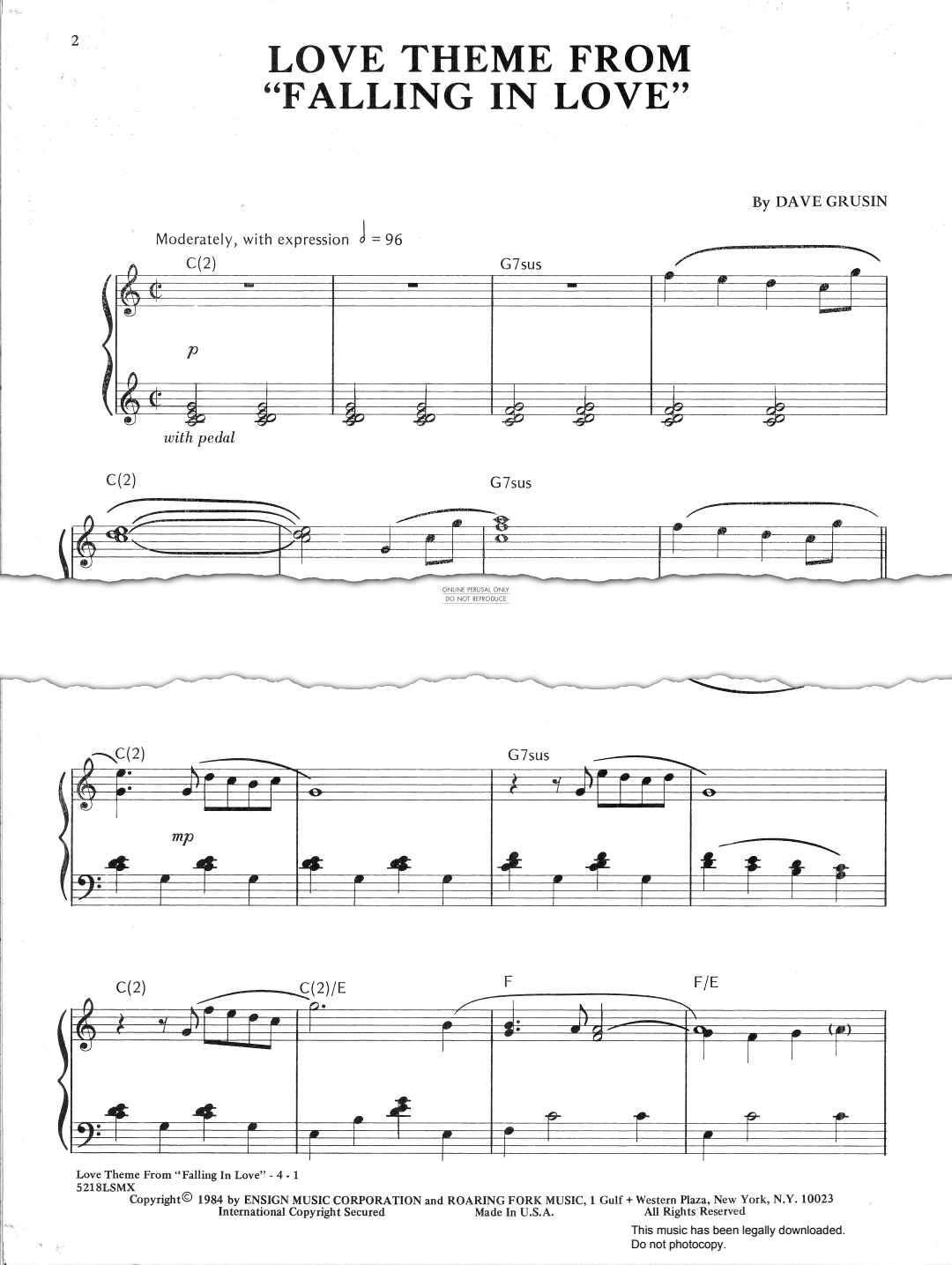 Produktgalerie: Seite 1 von 1 Love Theme from 'Falling In Love', Dave Grusin, Gitarre, Klavier