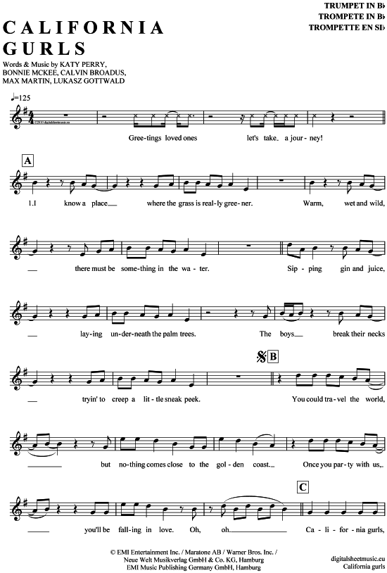Product gallery: Page 1 of 4 California gurls , Perry, Katy, Trumpet in B-flat