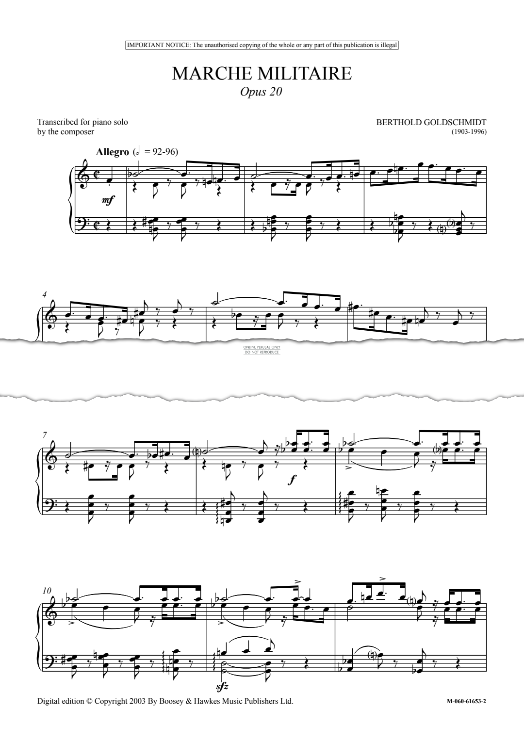 Produktgalerie: Seite 1 von 1 Marche Militaire, Opus 20, Berthold Goldschmidt, Klavier