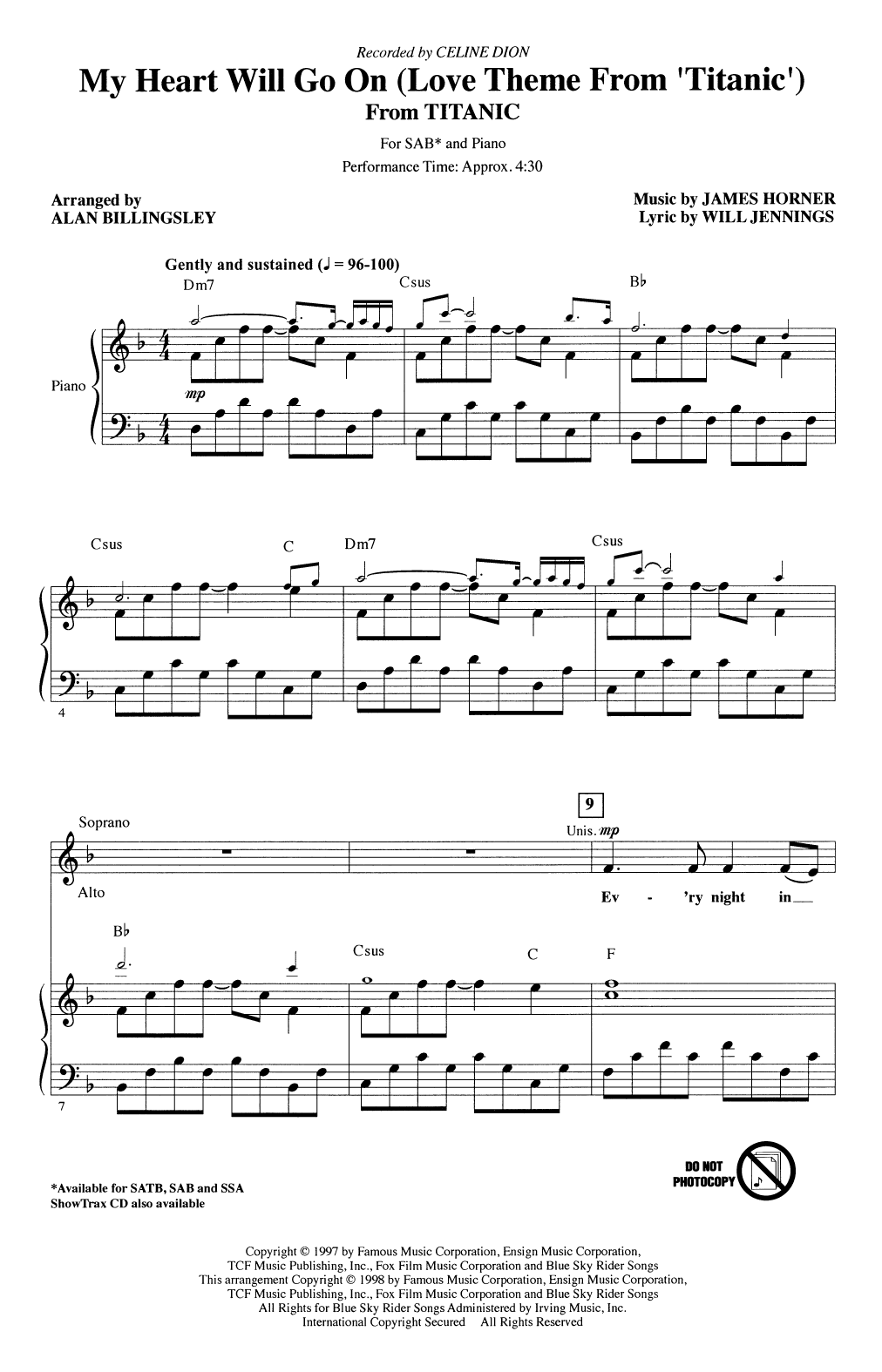 Product picture to: My Heart Will Go On (Love Theme From 'Titanic') (arr. Alan Billingsley)