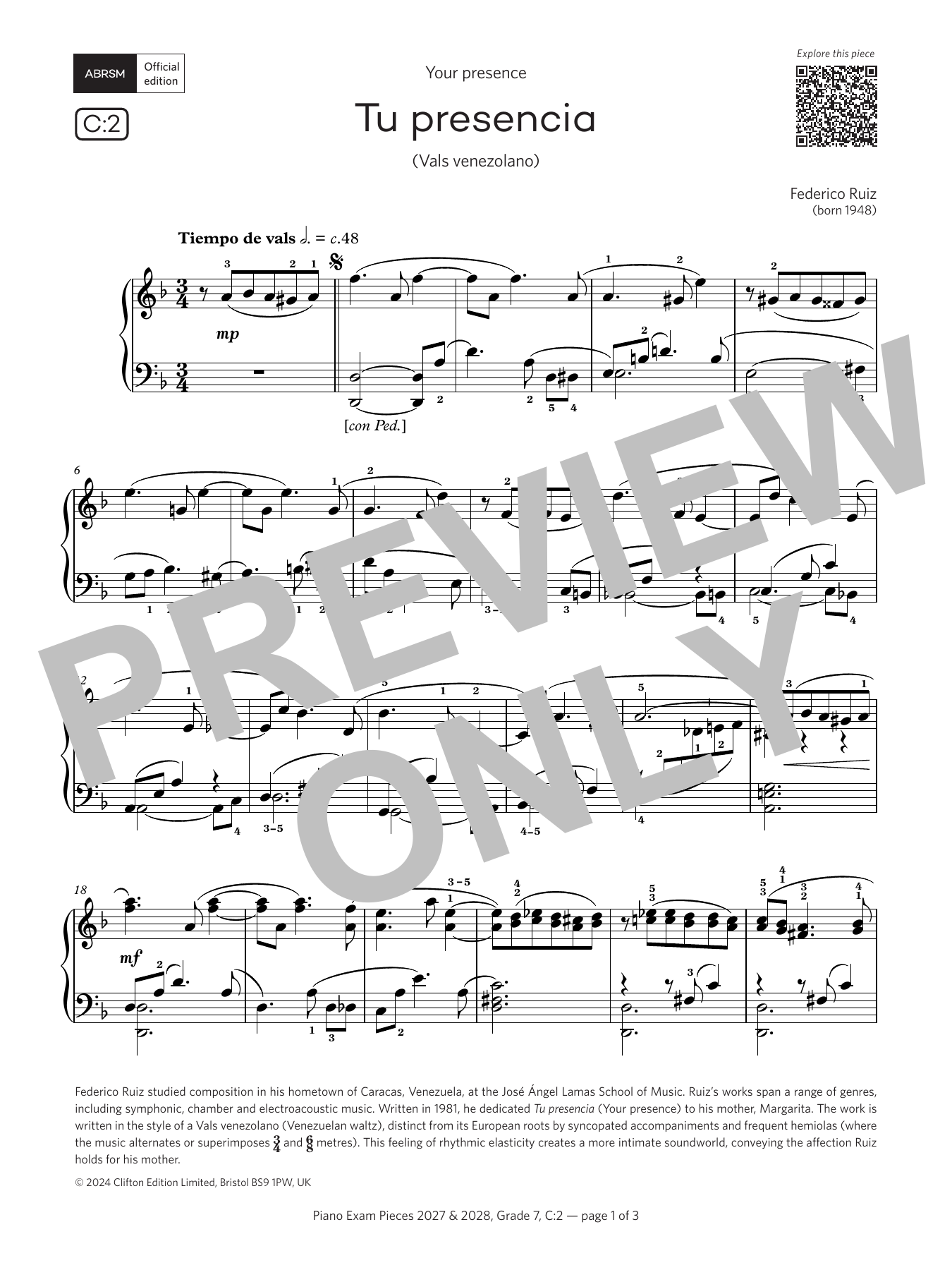 Product gallery: Page 1 of 1 Tu presencia (Grade 7, list C2, from the ABRSM Piano Syllabus 2027 & 2028), Federico Ruiz
