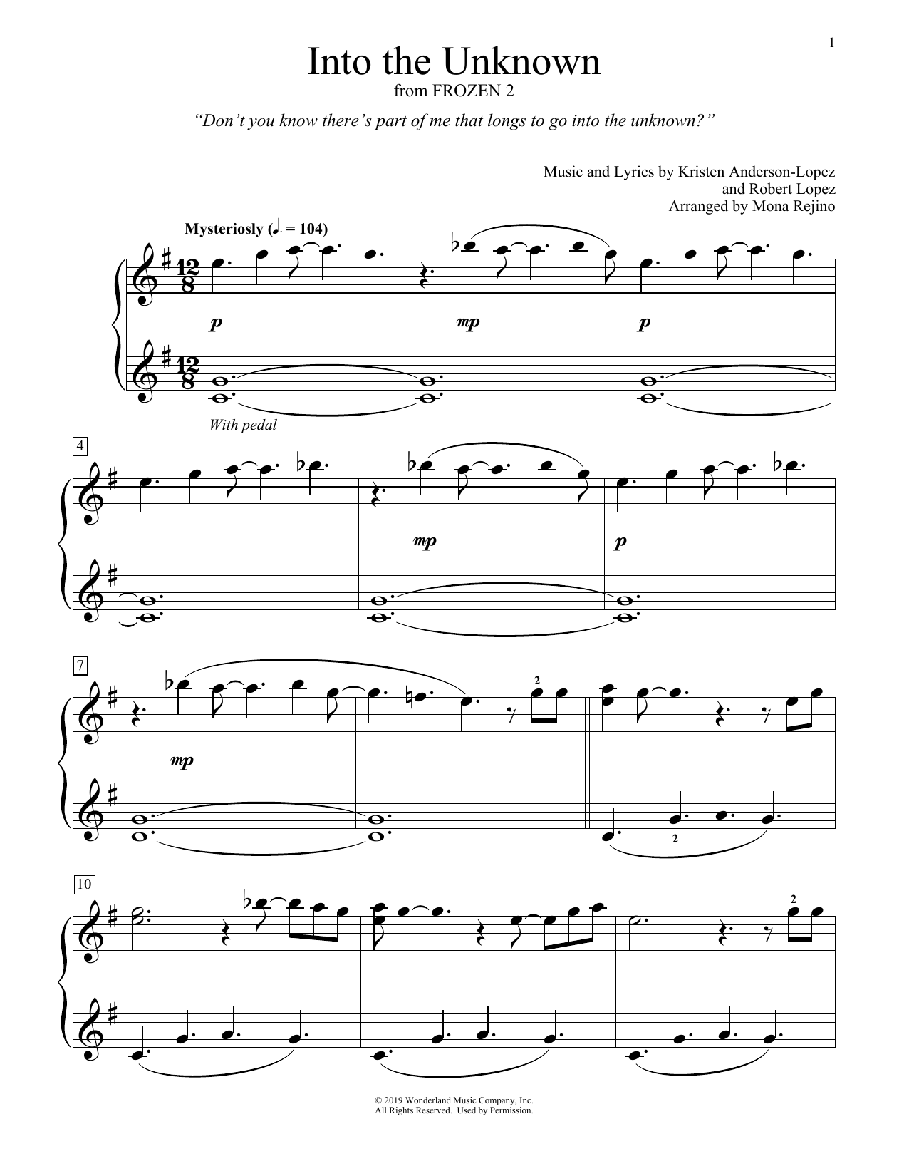 Product picture to: Into The Unknown (from Disney's Frozen 2) (arr. Mona Rejino)