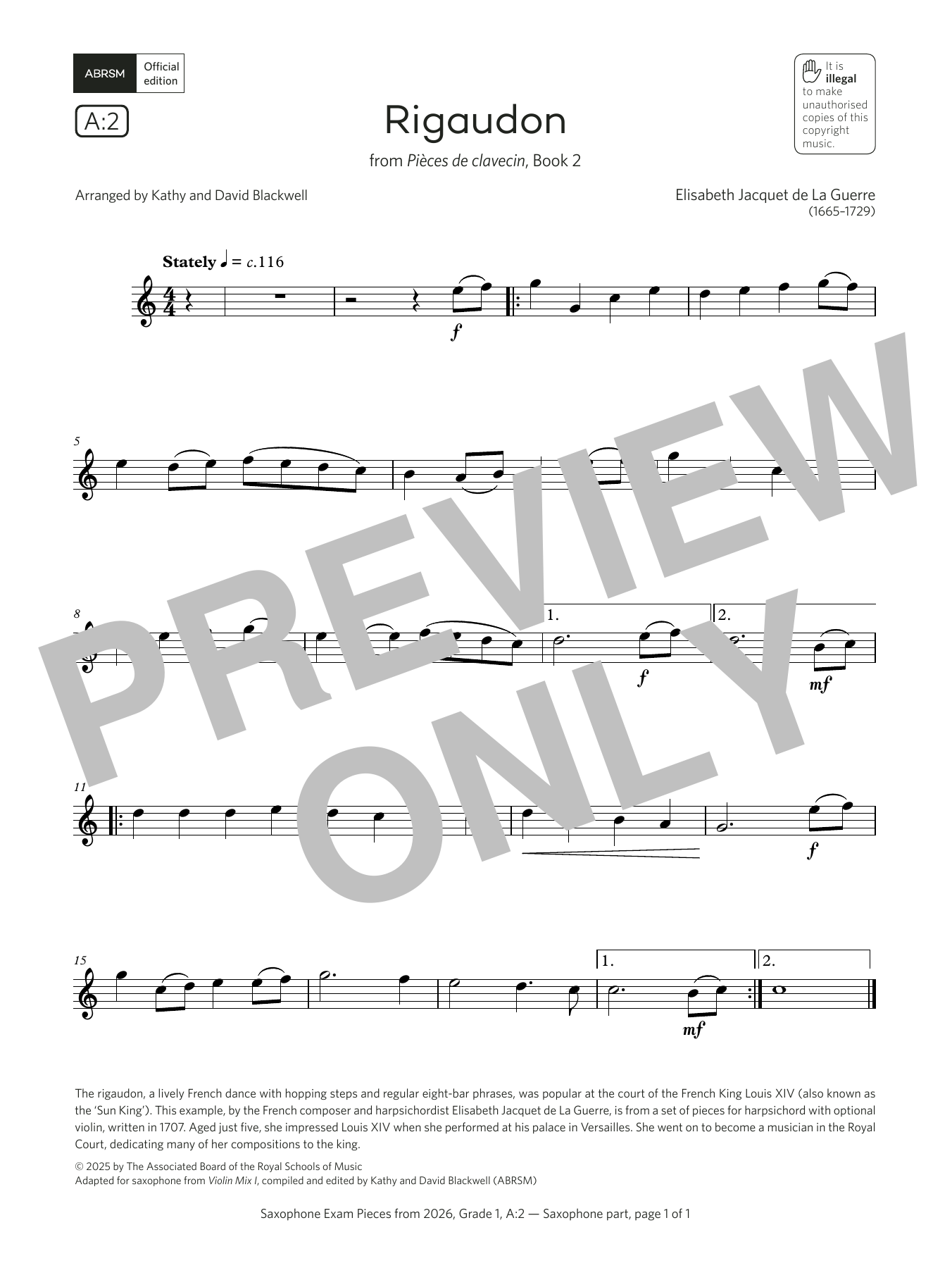 Product gallery: Page 1 of 1 Rigaudon (Grade 1, list A2, from the ABRSM Saxophone Syllabus from 2026), Elisabeth Jacquet de La Guerre