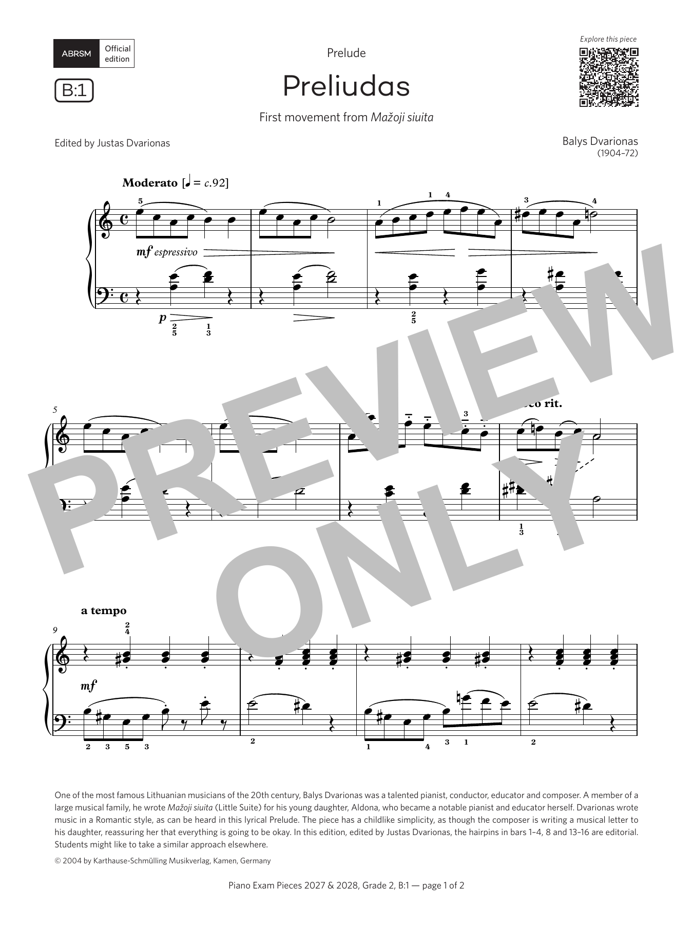 Product gallery: Page 1 of 1 Preludias (Grade 2, list B1, from the ABRSM Piano Syllabus 2027 & 2028), Balys Dvarionas