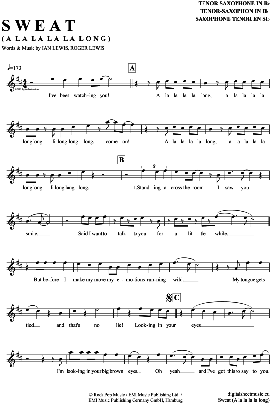 Product gallery: Page 1 of 4 Sweat (A la la la la long) , Mehrzad / Medlock, Mark, Tenor Saxophone