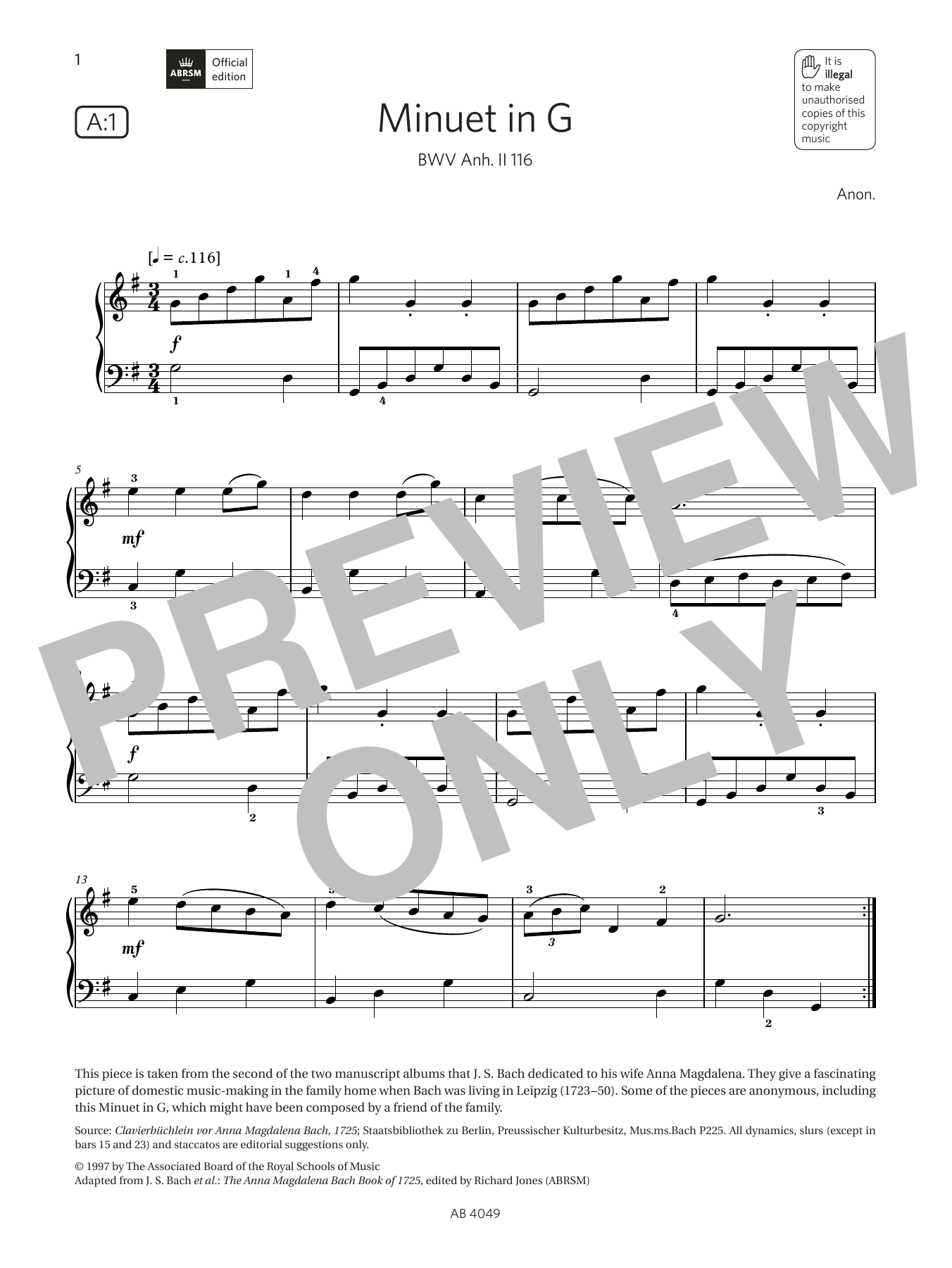 Produktbild zu: Minuet in G (Grade 3, list A1, from the ABRSM Piano Syllabus 2023 & 2024)