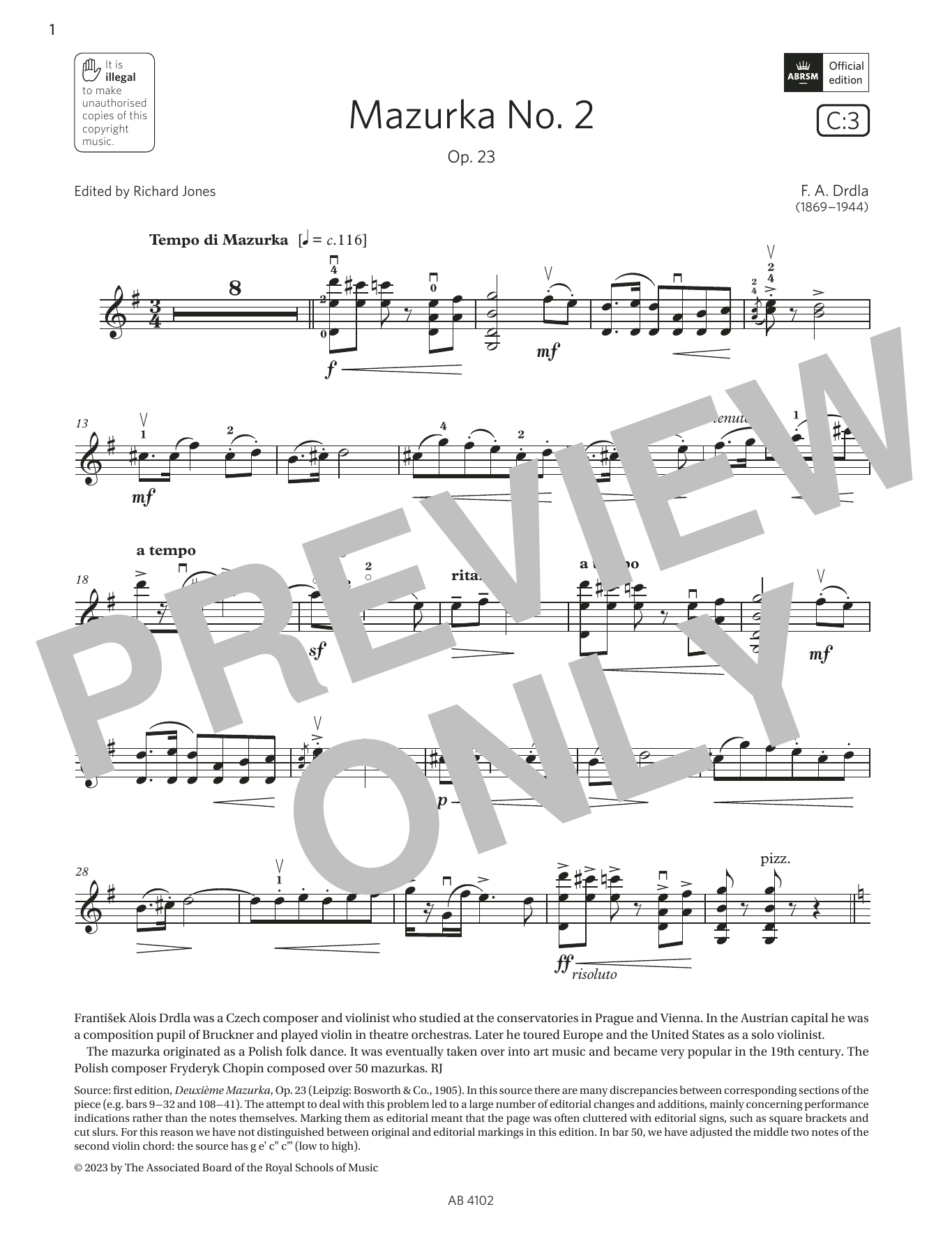 Product gallery: Page 1 of 1 Mazurka No. 2 (Grade 8, C3, from the ABRSM Violin Syllabus from 2024), F. A. Drdla
