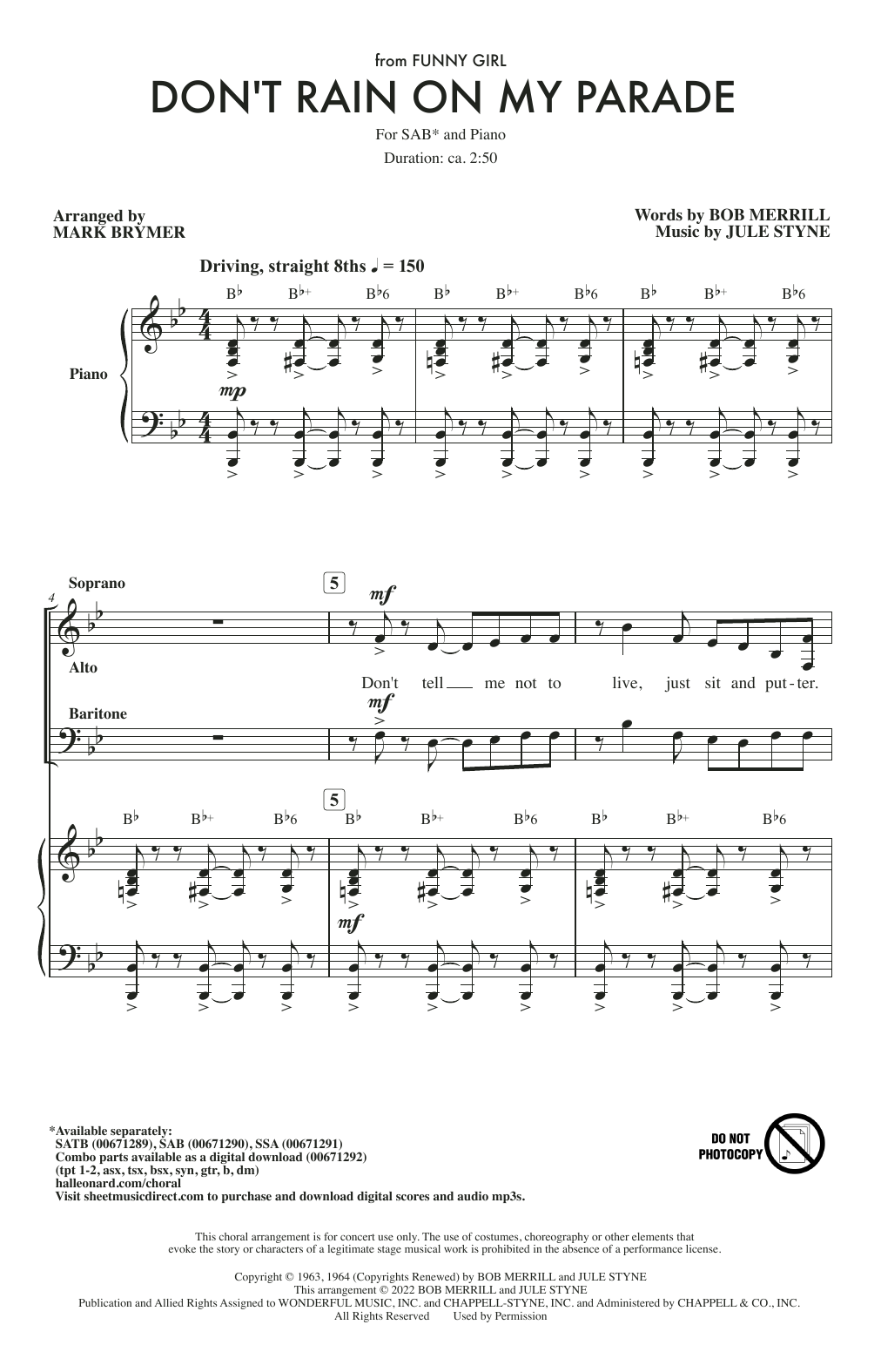 Product picture to: Don't Rain On My Parade (from Funny Girl) (arr. Mark Brymer)
