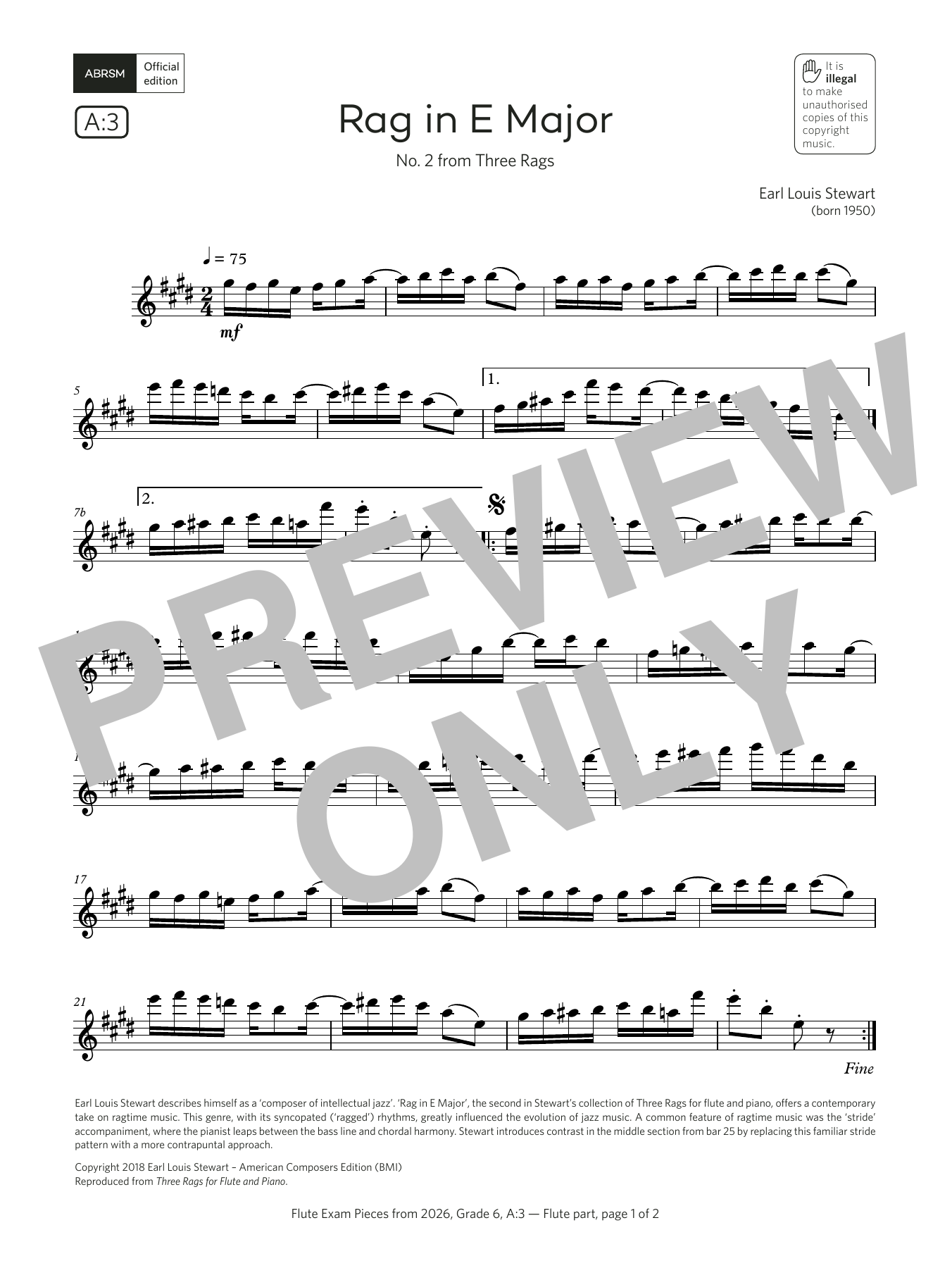 Product gallery: Page 1 of 1 Rag in E Major (Grade 6, list A3, from the ABRSM Flute Syllabus from 2026), Earl Louis Stewart