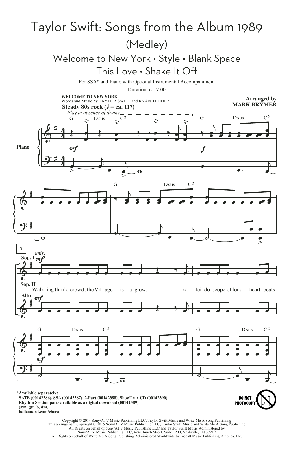 Product gallery: Page 1 of 1 Taylor Swift: Songs from the Album 1989 (Medley) (arr. Mark Brymer), Taylor Swift