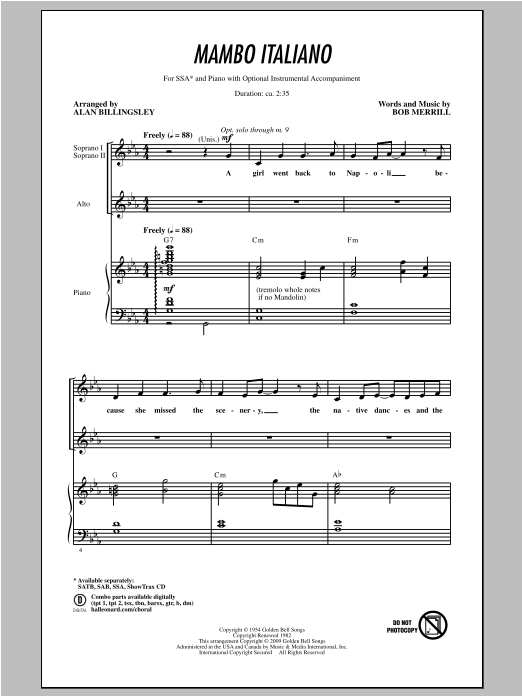 Product gallery: Page 1 of 1 Mambo Italiano (arr. Alan Billingsley), Rosemary Clooney