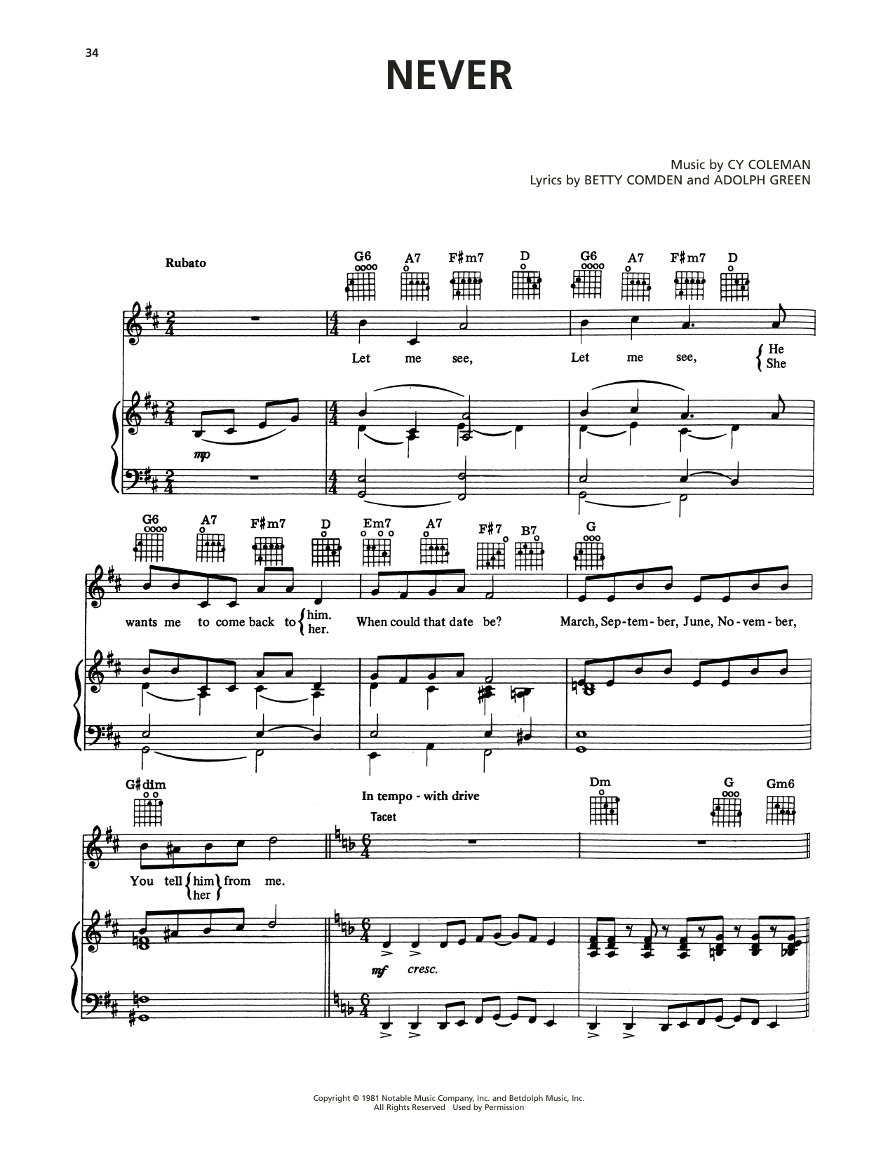 Produktgalerie: Seite 1 von 1 Never (from On The Twentieth Century), Cy Coleman, Gesang, Gitarre, Klavier