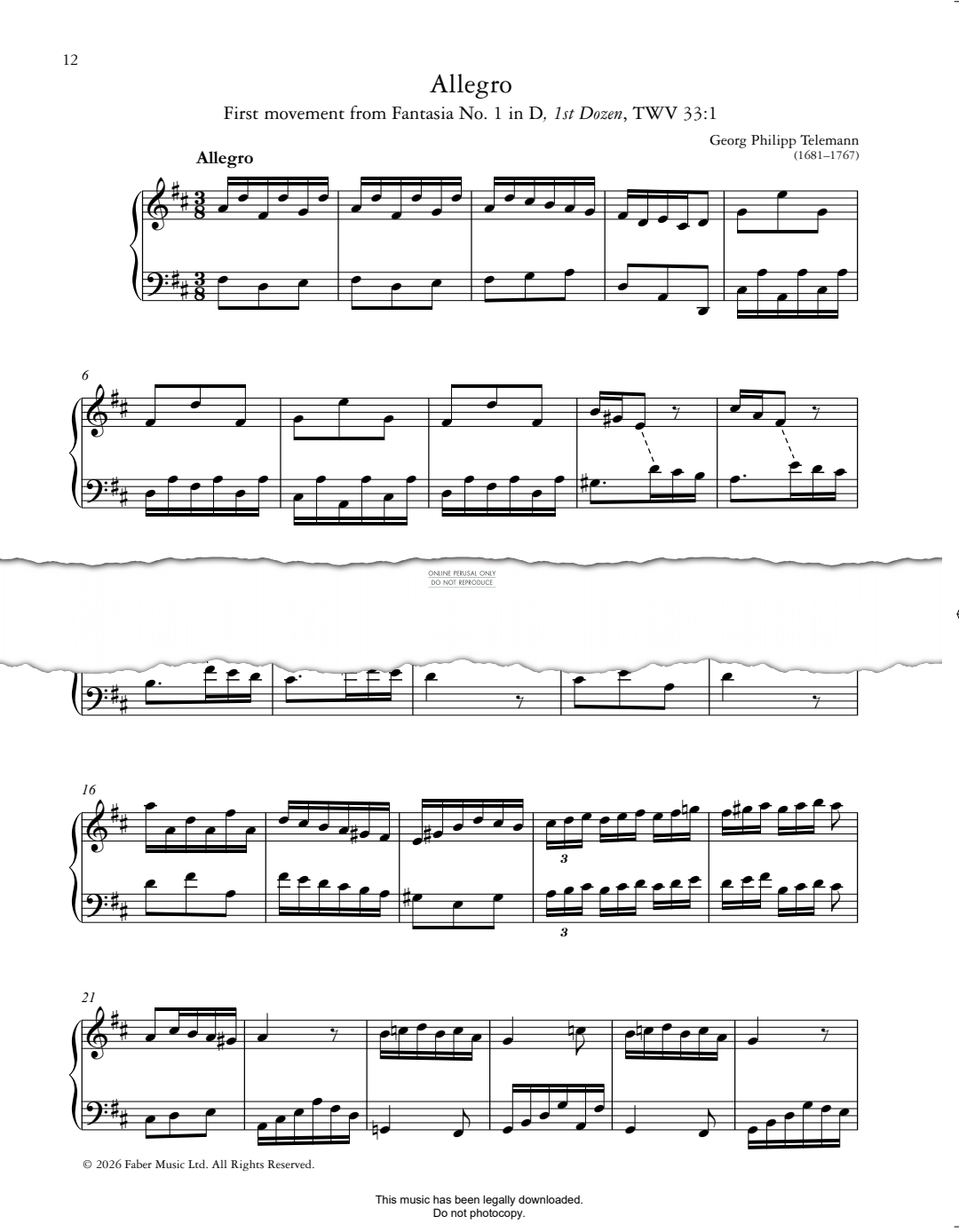 Produktbild zu: Allegro (1st movt from Fantasia No. 1 in D, 1st Dozen, TWV 33:1)