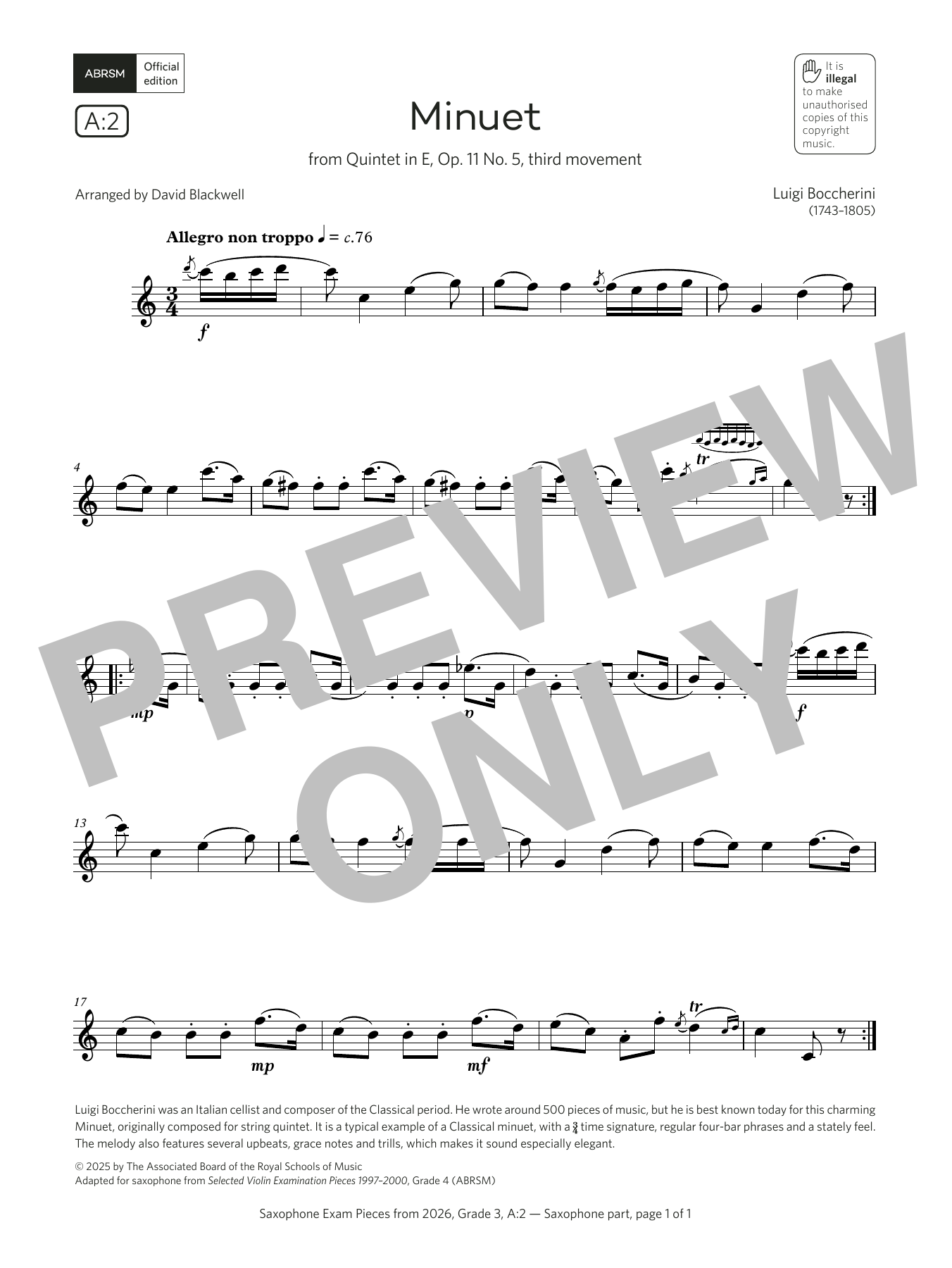 Product gallery: Page 1 of 1 Minuet (Grade 3, list A2, from the ABRSM Saxophone Syllabus from 2026), Luigi Boccherini