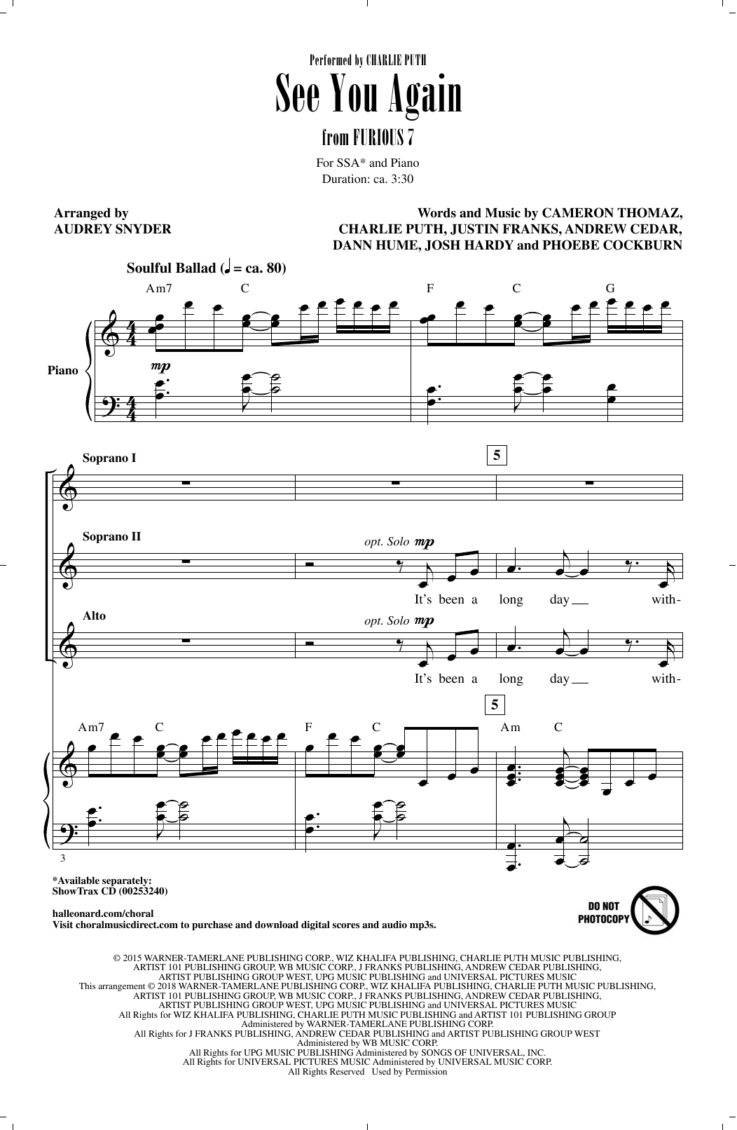 Produktgalerie: Seite 1 von 1 See You Again (feat. Charlie Puth) (arr. Audrey Snyder), Wiz Khalifa, Chor