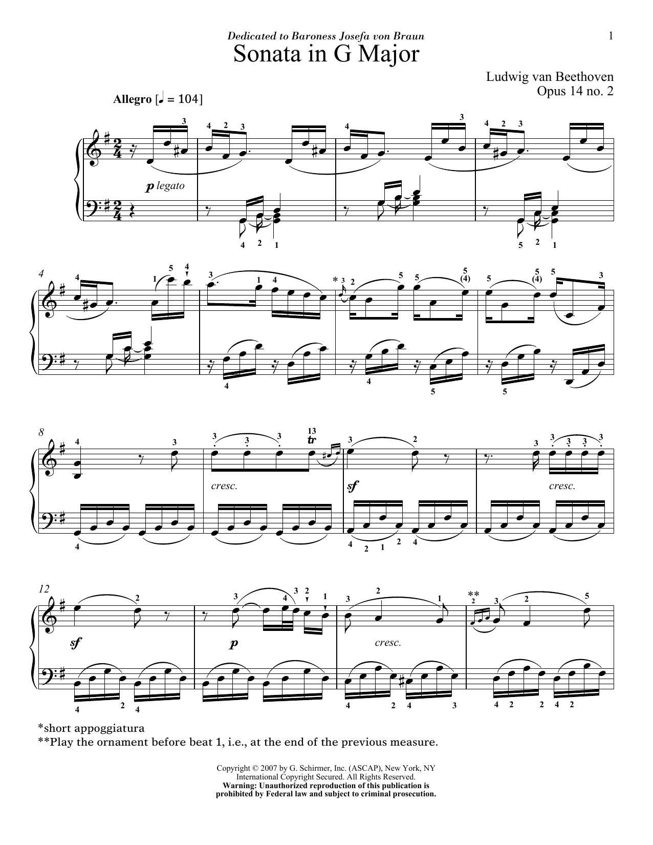 Product gallery: Page 1 of 1 Sonata In G Major, Op. 14, No. 2, Ludwig van Beethoven