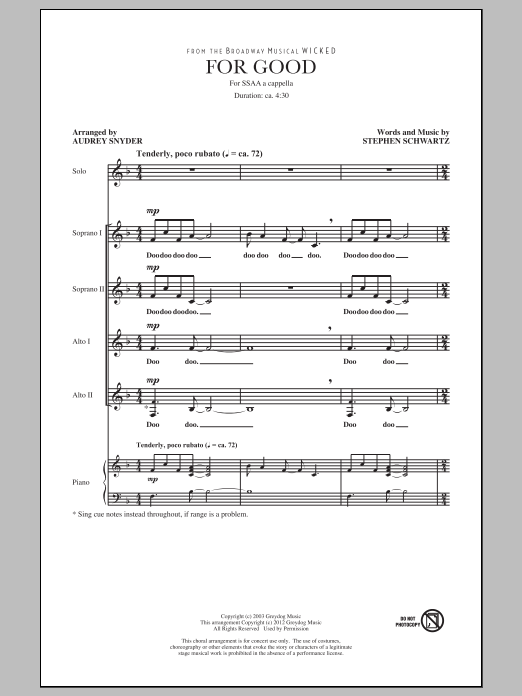 Produktgalerie: Seite 1 von 1 For Good (from Wicked) (arr. Audrey Snyder), Stephen Schwartz, Chor