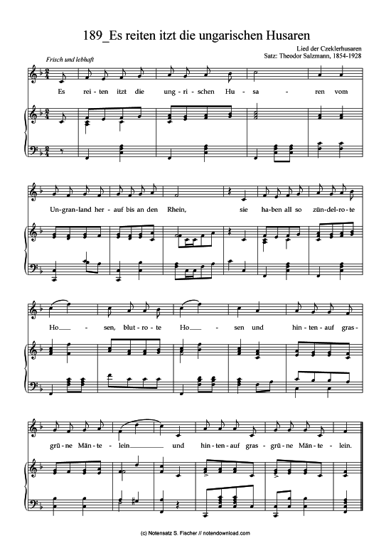 Product picture to: Es reiten itzt die ungarischen Husaren Lied der Czeklerhusaren Satz: Theodor Salzmann, 1854-1928 