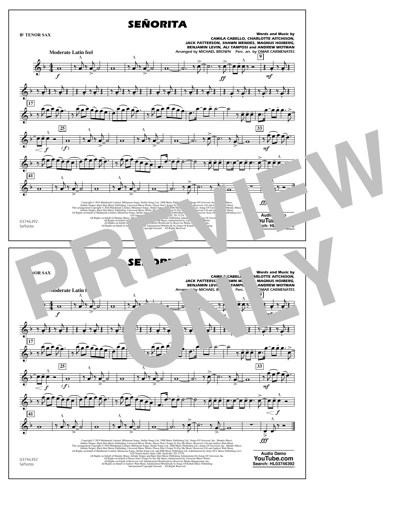 Produktbild zu: Señorita (arr. Carmenates and Brown) - Bb Tenor Sax