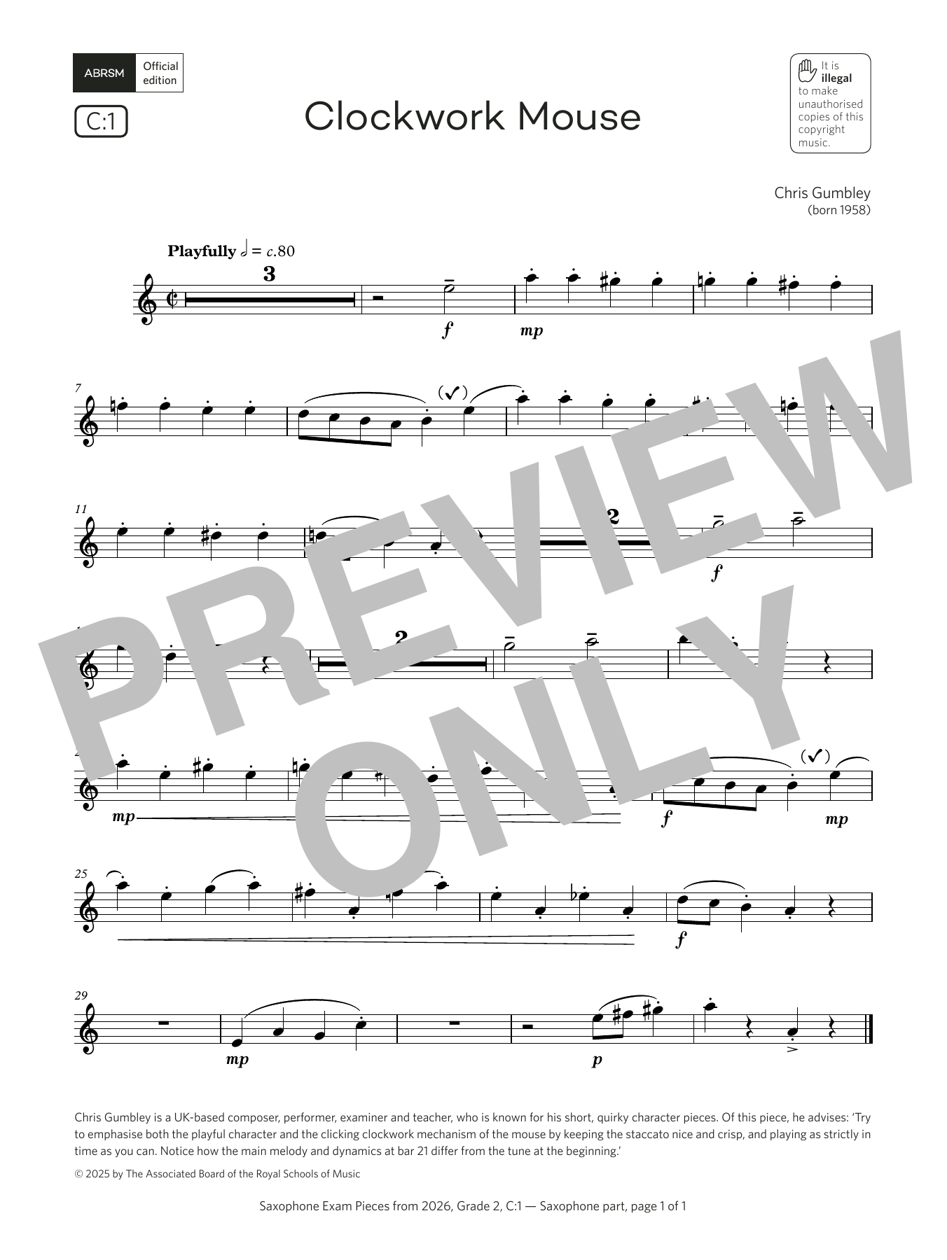 Product gallery: Page 1 of 1 Clockwork Mouse (Grade 2, list C1, from the ABRSM Saxophone Syllabus from 2026), Chris Gumbley