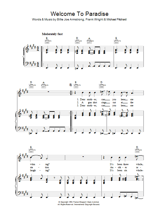 Produktgalerie: Seite 1 von 1 Welcome To Paradise, Green Day, Gesang, Gitarre, Klavier