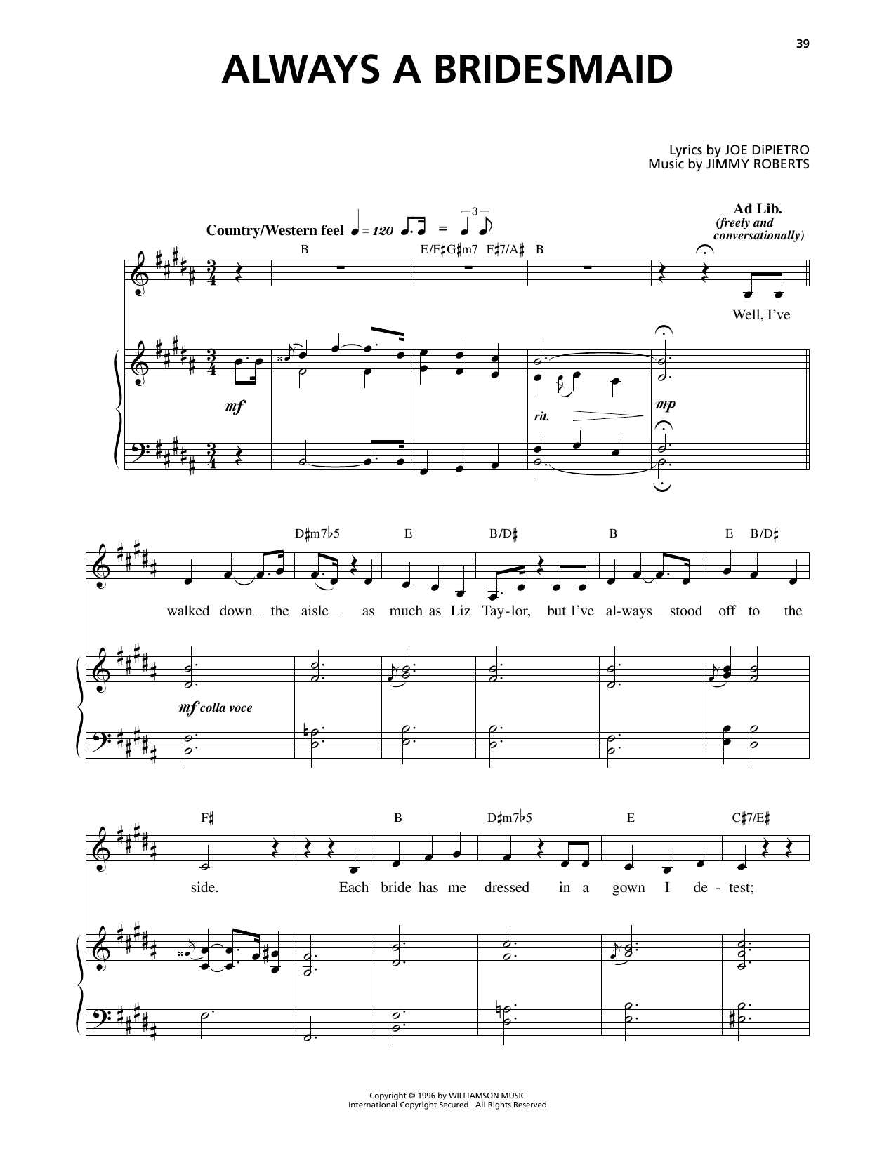 Produktgalerie: Seite 1 von 1 Always A Bridesmaid (from I Love You, You're Perfect, Now Change), Jimmy Roberts, Gesang, Klavier