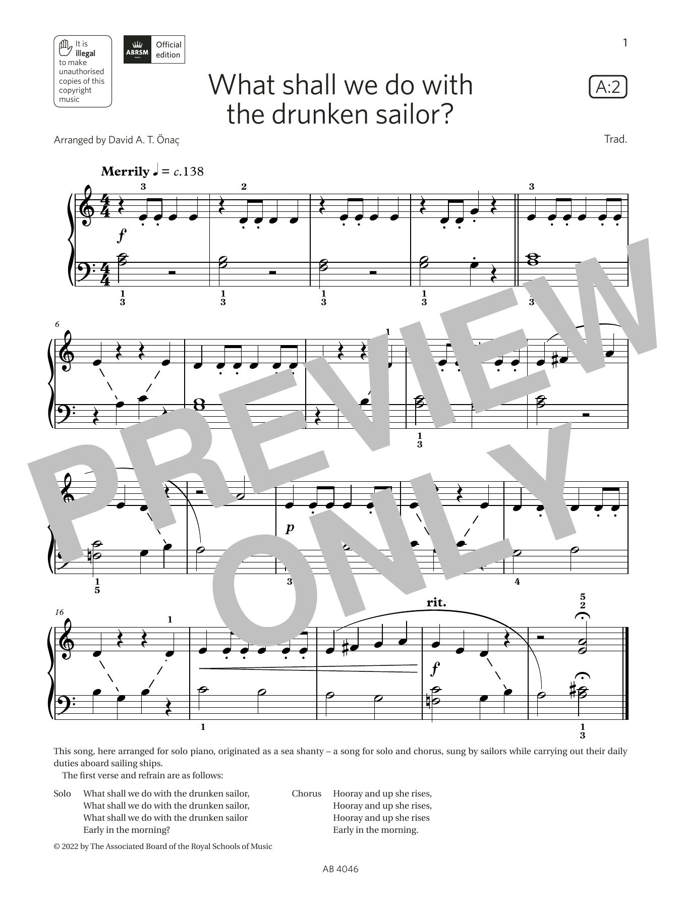 Product gallery: Page 1 of 1 What shall we do with the drunken sailor? (Grade Initial, list A2, ABRSM Piano Syllabus 2023 & 2024), David Önac