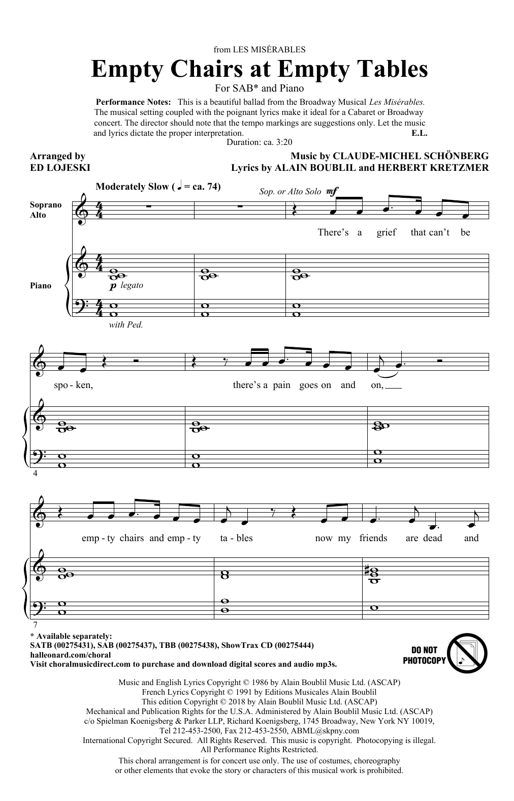 Product picture to: Empty Chairs At Empty Tables (from Les Miserables) (arr. Ed Lojeski)