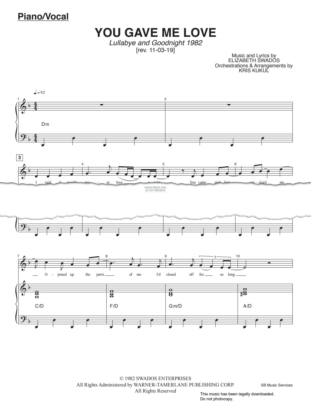 Product gallery: Page 1 of 1 You Gave Me Love (from 'Lullabye And Goodnight'), Elizabeth Swados