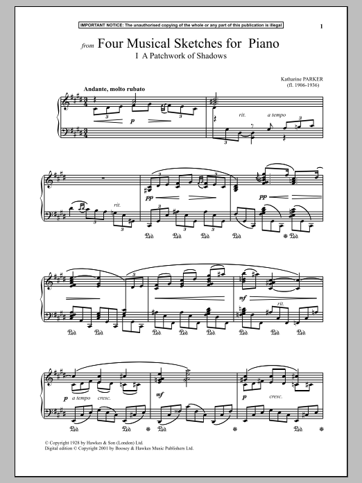 Product gallery: Page 1 of 1 Four Musical Sketches For Piano, A Patchwork Of Shadows, Katharine Parker
