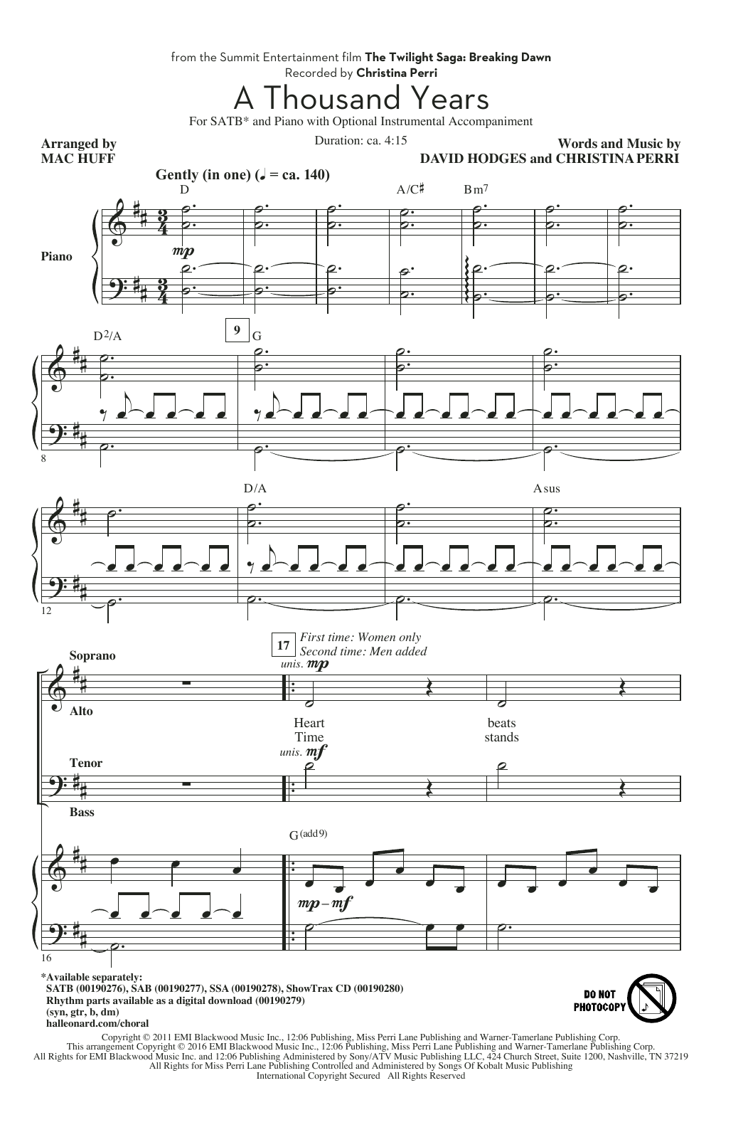 Produktgalerie: Seite 1 von 1 A Thousand Years (arr. Mac Huff), Christina Perri, Chor