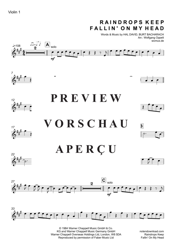 Produktgalerie: Seite 7 von 18 Raindrops Keep Fallin´ On My Head , Thomas, B. J., (Streicher Quintett/Ensemble)