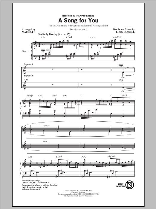 Produktgalerie: Seite 1 von 1 A Song For You (arr. Mac Huff), Carpenters, Chor