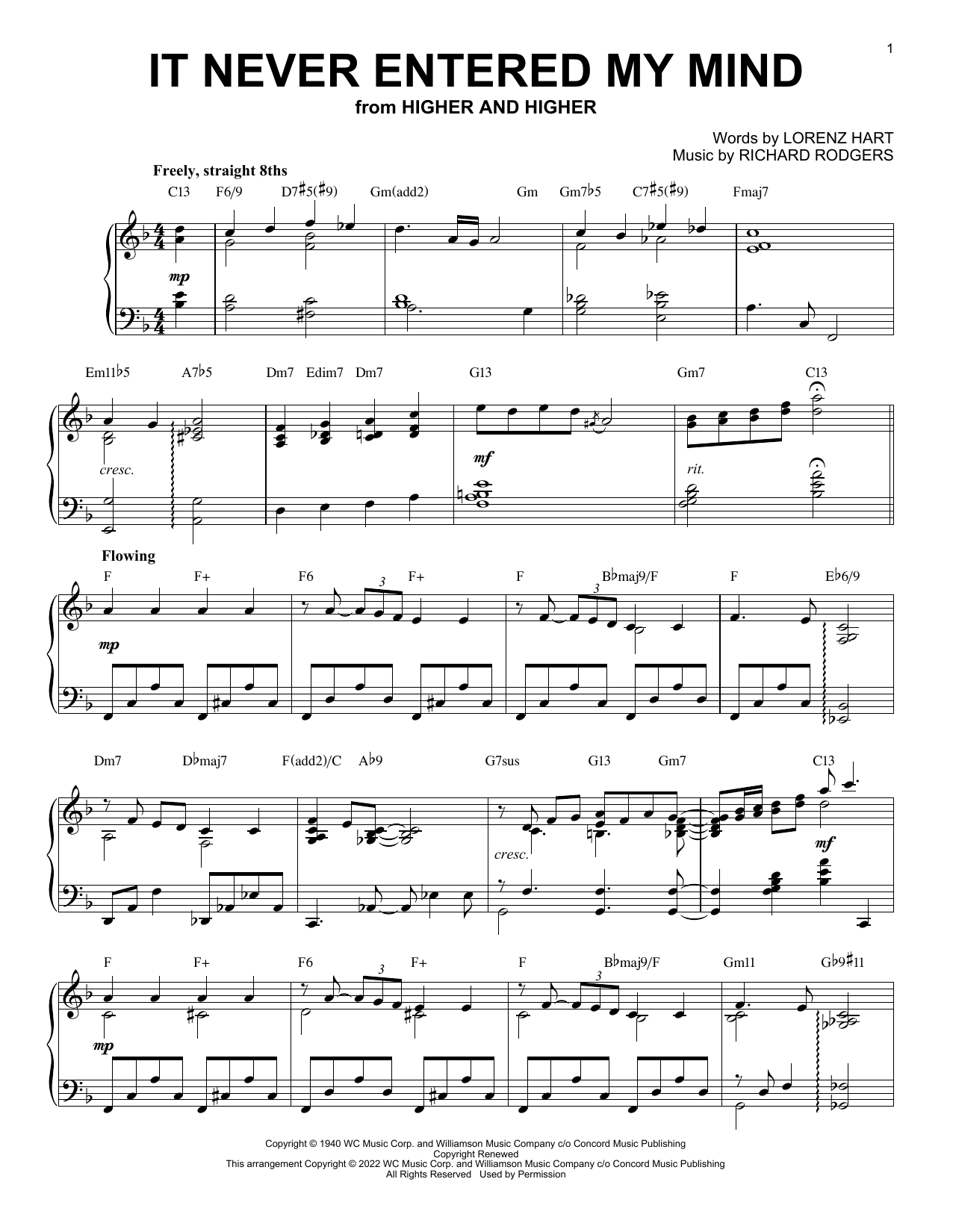 Product picture to: It Never Entered My Mind [Jazz version] (from Higher And Higher) (arr. Brent Edstrom)