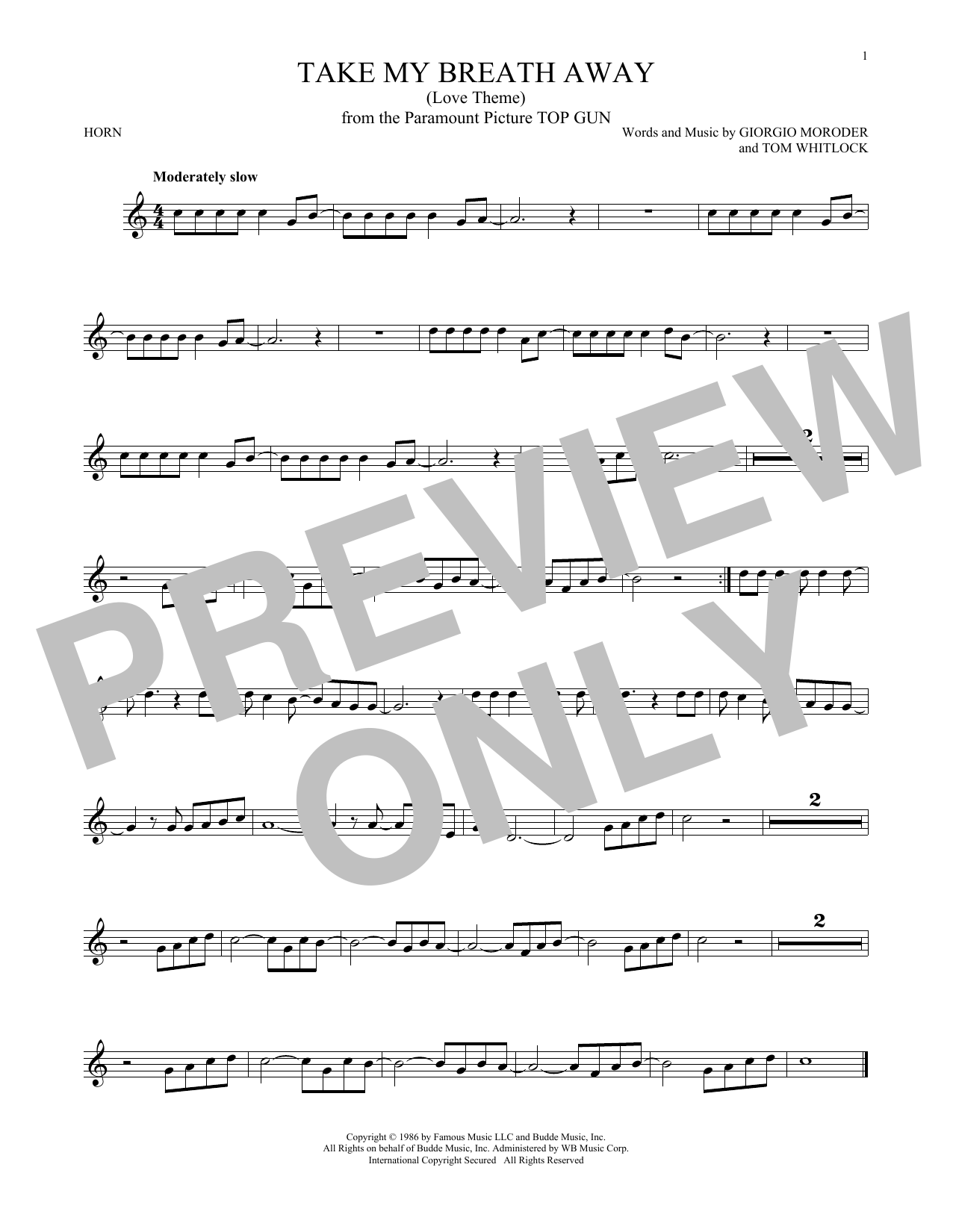 Produktgalerie: Seite 1 von 1 Take My Breath Away (Love Theme), Giorgio Moroder, Horn