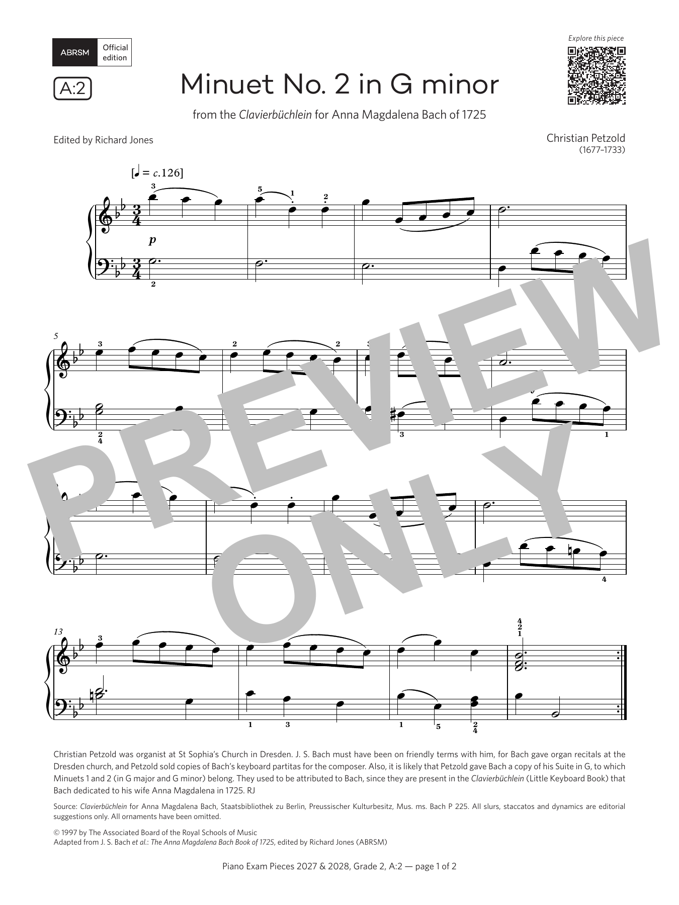 Product gallery: Page 1 of 1 Minuet no. 2 in G minor (Grade 2, list A2, from the ABRSM Piano Syllabus 2027 & 2028), Christian Petzold