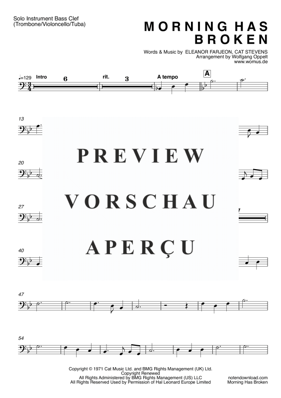 gallery: Morning Has Broken, Stevens, Cat, (Solo Instrument - Bassschlüssel: Posaune, Violoncello, Tuba und Orgel)
