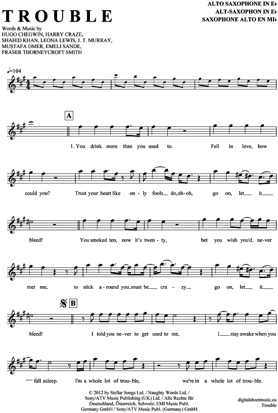 Product gallery: Page 1 of 4 Trouble , Lewis, Leona, Alto Saxophone