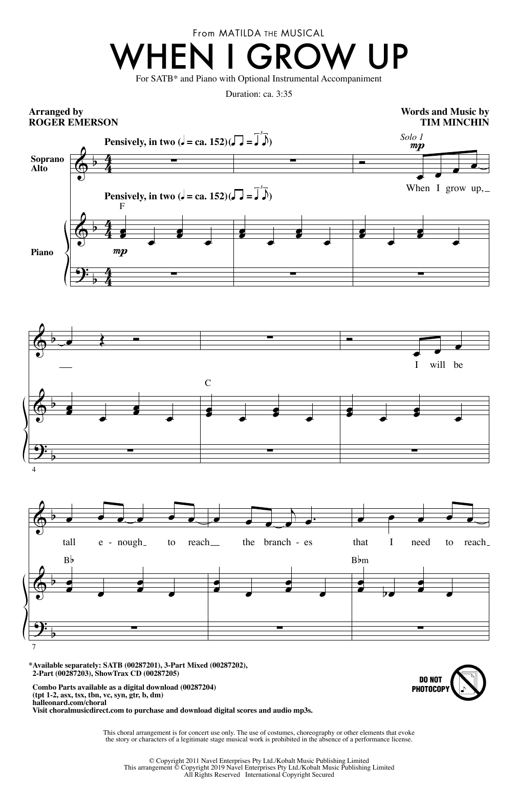 Product picture to: When I Grow Up (from Matilda: The Musical) (arr. Roger Emerson)