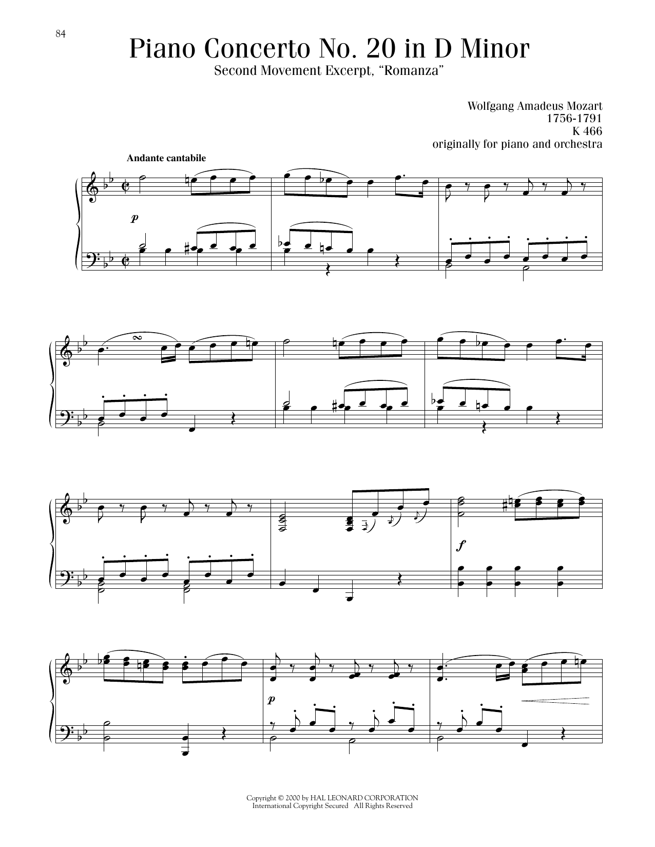 Produktbild zu: Piano Concerto No. 20, Second Movement ("Romanza") Excerpt