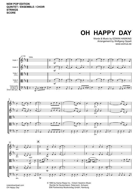 gallery: Oh Happy Day, Edwin Hawkins Singers, Strings quintet/ensemble/choir - electric bass with chords and drum set opt.