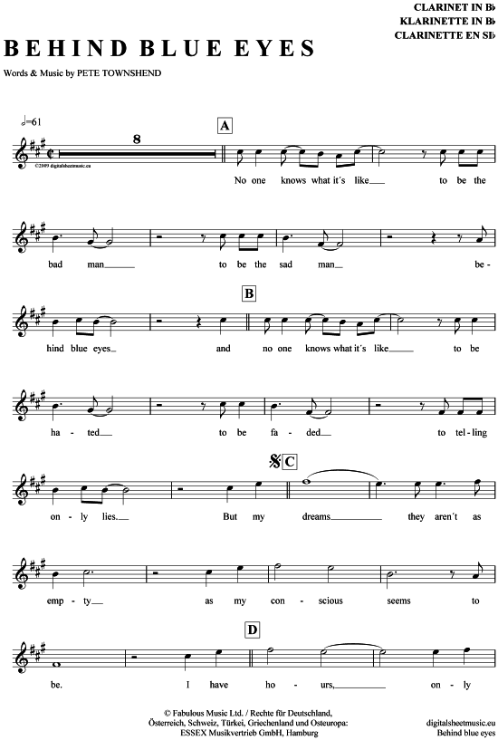 Product gallery: Page 1 of 4 Behind blue eyes , Limp Bizkit / The Who, Clarinet in B-flat