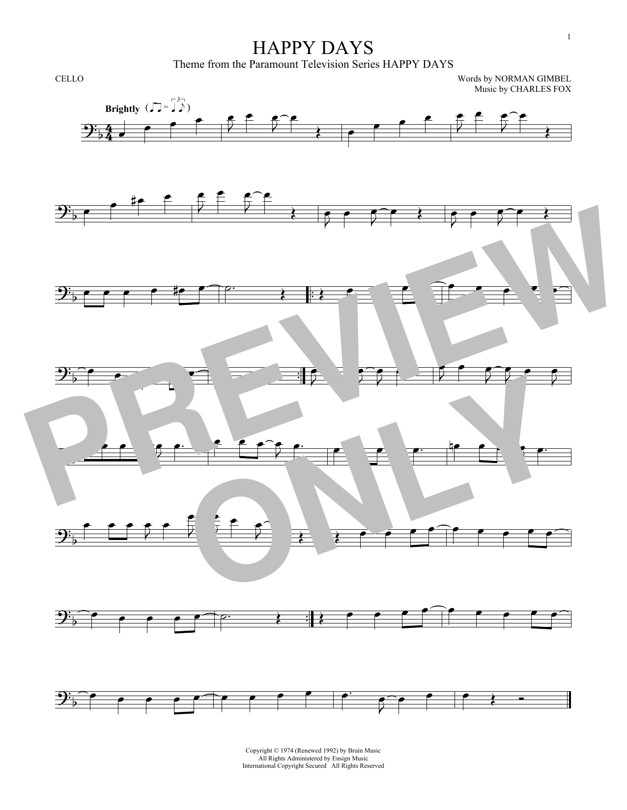 Produktgalerie: Seite 1 von 1 Happy Days, Norman Gimbel & Charles Fox, Violoncello