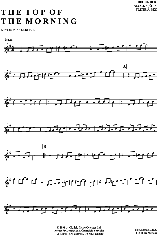The Top Of The Morning sheet music by Mike Oldfield 7020257