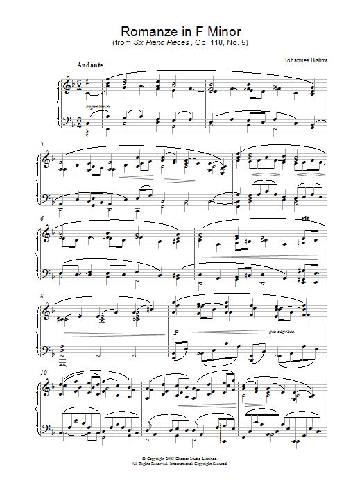 Product gallery: Page 1 of 1 Romanze in F Minor (from Six Piano Pieces, Op. 118, No. 5), Johannes Brahms