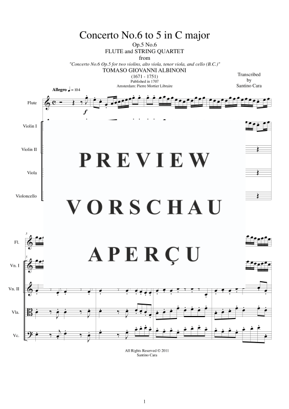Produktgalerie: Seite 2 von 11 Concerto No.6 to 5 in C-Dur Op.5, , Querflöte Solo und Streicher Ensemble